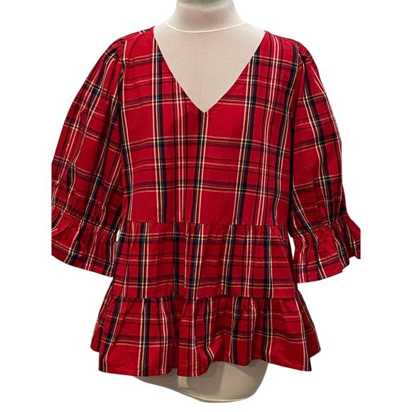 MUDPIE The Ashford Red Plaid Ruffle Tiered Vneck Top LARGE Puff Flounce Sleeve - Picture 3 of 8